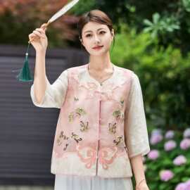蝴蝶刺绣欧根纱马夹女新中式女装夏季圆领薄款马甲女圆领外搭背心