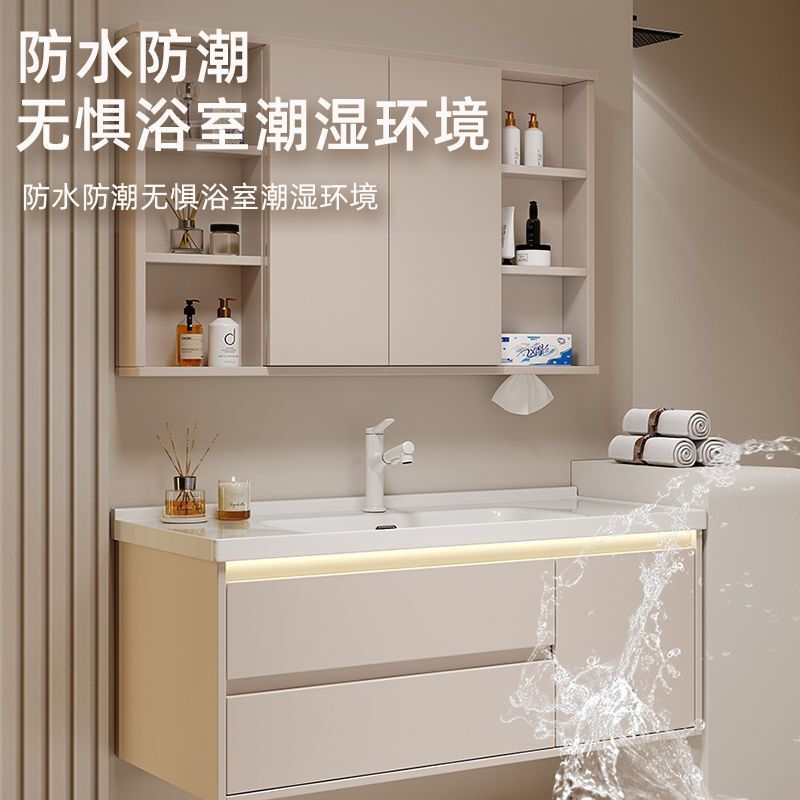 奶油风折叠推拉隐藏风水镜浴室柜陶瓷一体卫生间智能洗脸盆柜组合|undefined