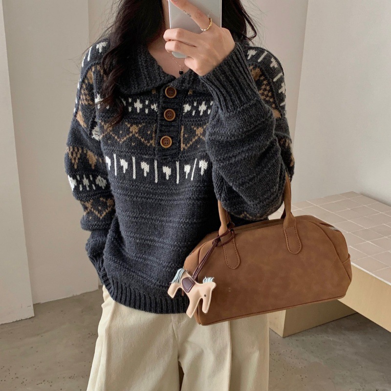 Isla de Fair retro solapa otoño invierno nuevo jersey Jacquard suelta chaqueta de alpaca suave glutinosa suéter mujer image 3