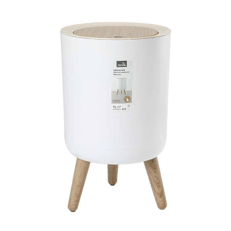 Internet famous high foot imitation wood grain kitchen bathroom garbage basket wholesale round push-type household garbage can with lid