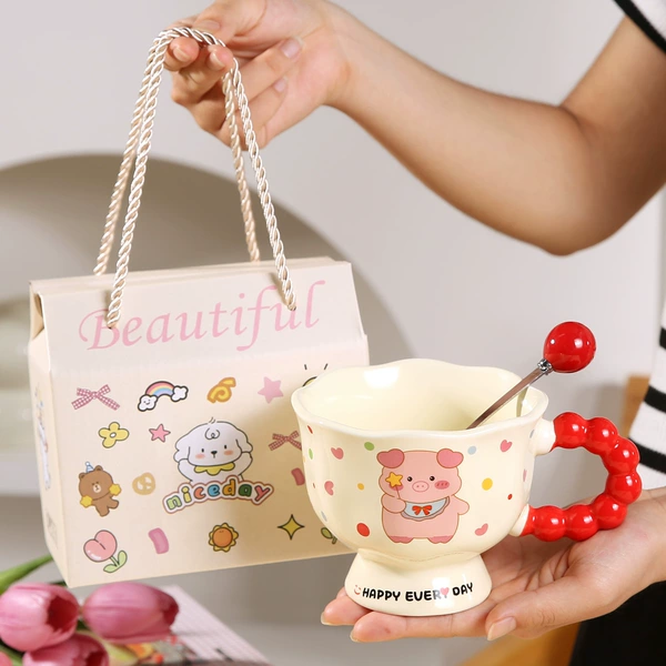 Red pig water cup with spoon with gift box