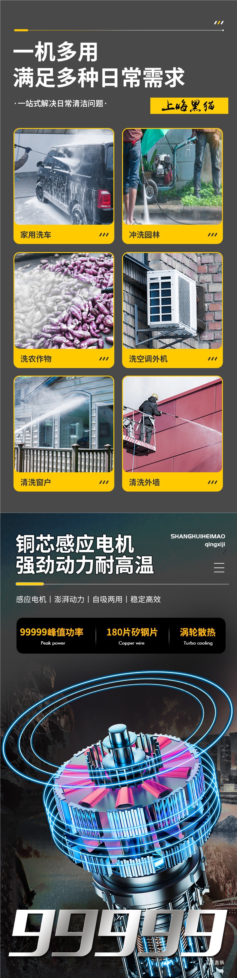 Black Cat Car Washer High-Pressure Water Gun Household Powerful Floor Cleaning Brush Car Pump 220V High-Power Cleaning Machine Car Wash Peihui