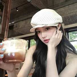 报童帽鸭舌帽女透气日系条纹褶皱贝雷帽画家帽文艺复古帽子大帽檐