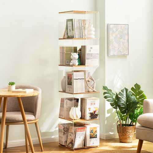 Rotating bookshelf bookcase storage rack floor-standing home children's library living room multi-layer storage cabinet simple solid wood