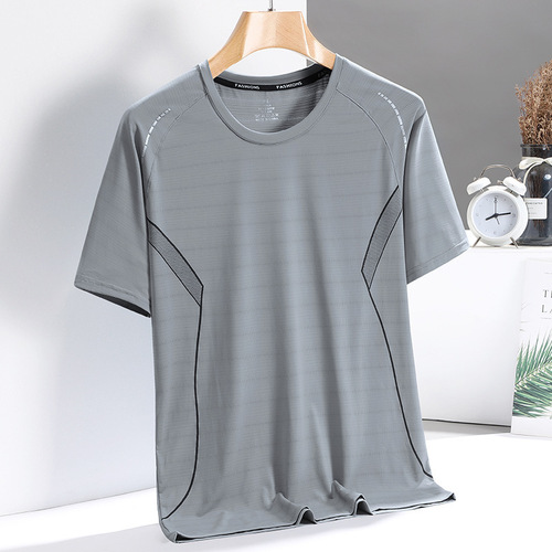 Thin ice silk short-sleeved t-shirt men's summer breathable sports fitness training quick-drying half-sleeves middle-aged father's summer dress