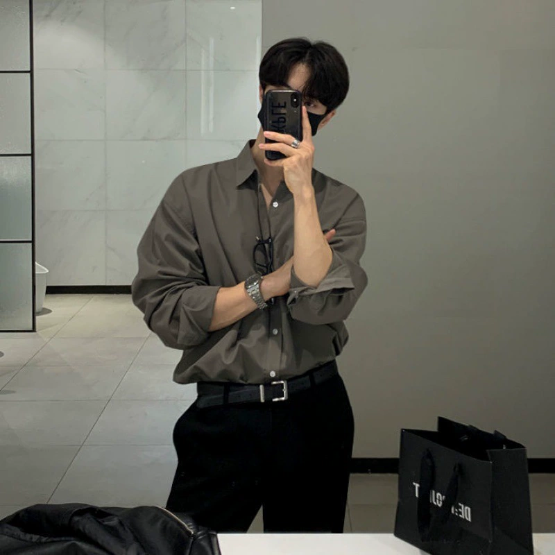 MYQ мужская рубашка с длинными рукавами, осенняя свободная рубашка в корейском стиле, высококачественная рубашка в стиле старых денег, повседневная однотонная рубашка