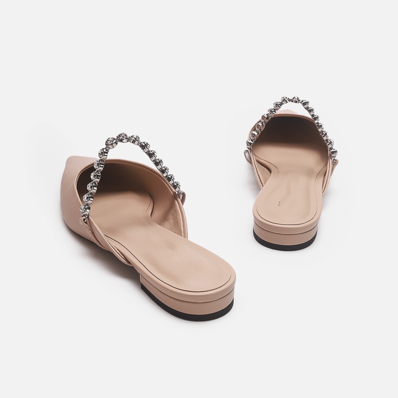 Silver Gemstone Chain Pointed Toe Mules For Women Elegant Flats_voghion.com