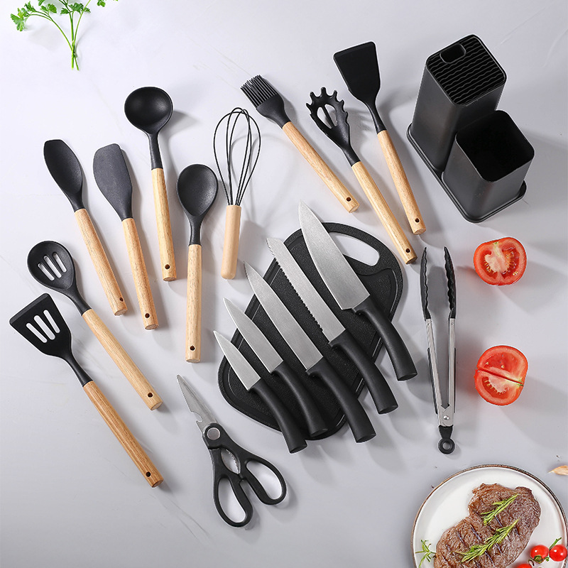 Mango de madera transfronterizo de silicona conjunto de utensilios de cocina combinación de cuchillos resistente a altas temperaturas cuchara antiadherente olla de almacenamiento barril doméstico conjunto de 19 piezas image 4