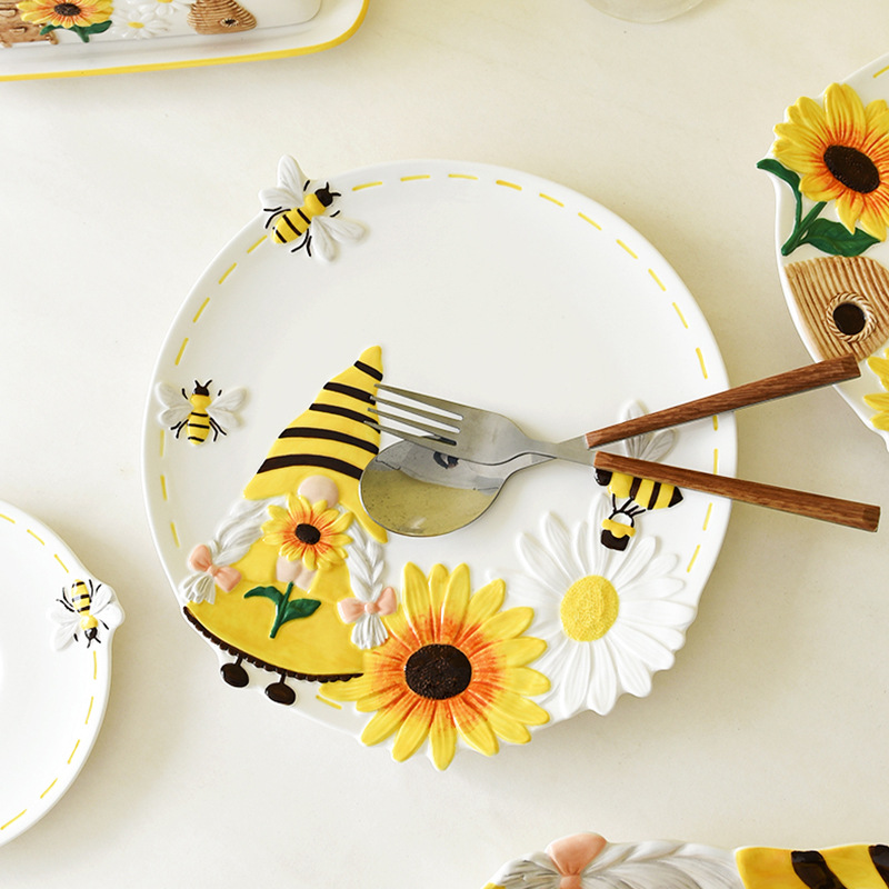 Primavera abejas girasol genio cerámica en relieve disco lindo platos platos