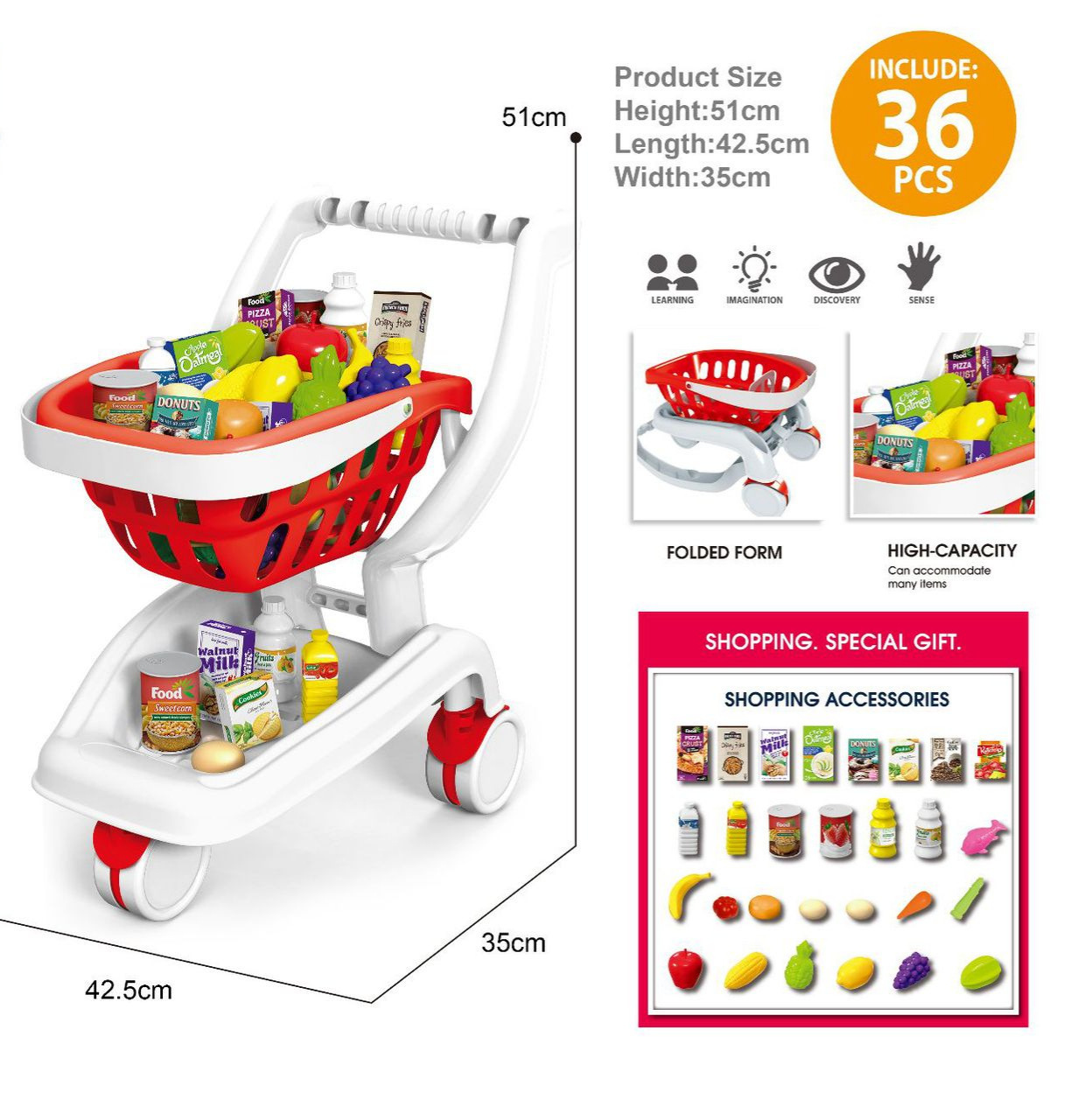 Simulación infantil transfronteriza iluminación de la casa, música, carrito de compras, juegos de supermercado de frutas, carrito de juguetes