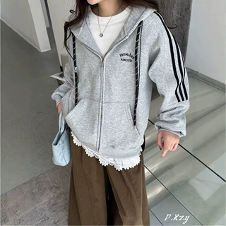 021 字母刺绣连帽拉链开衫上衣女冬装新款宽松休闲加绒卫衣外套女