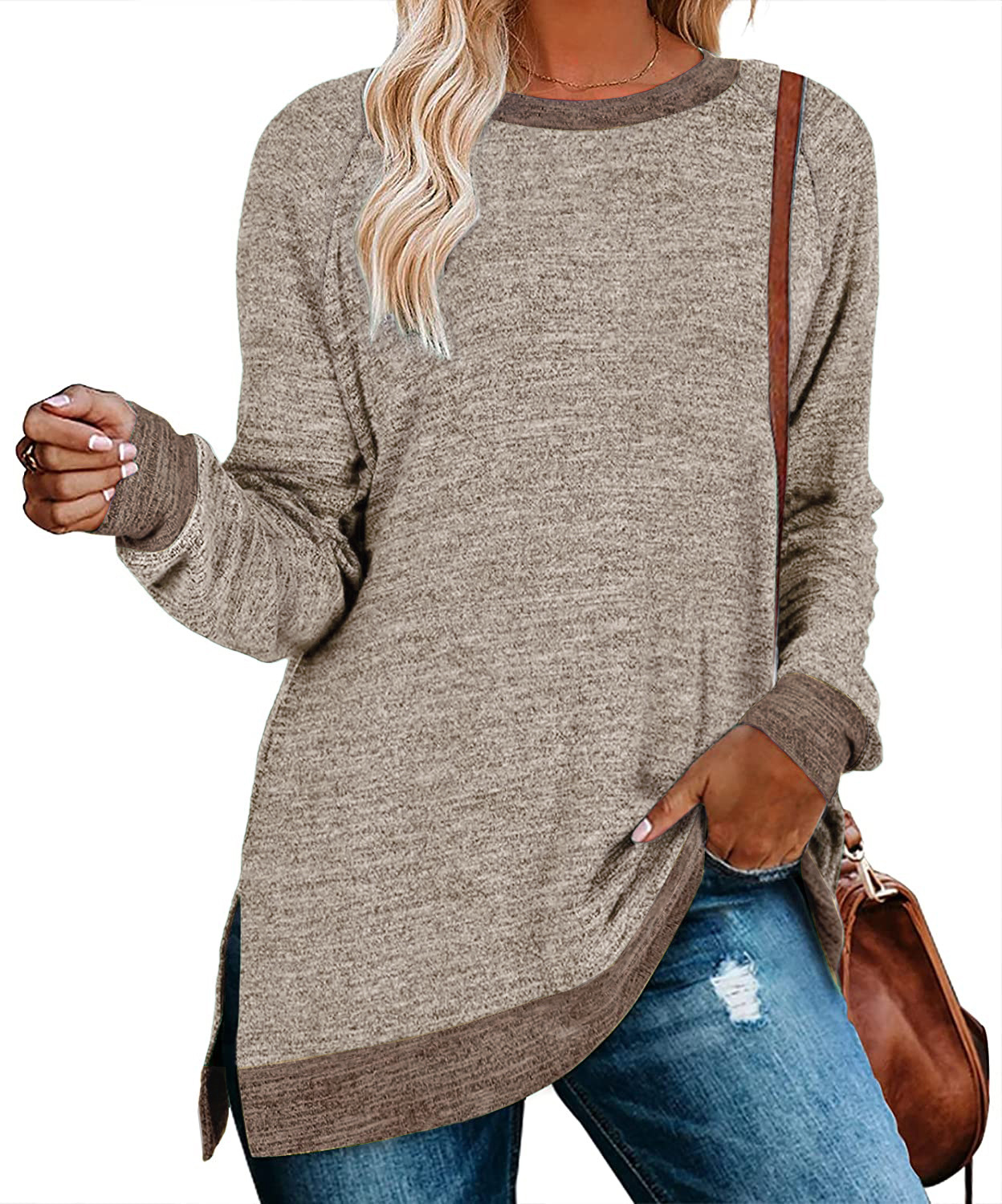 Women's Long Sleeved Round Neck Color Split Top Loose Casual Pullover T-shirt_voghion.com