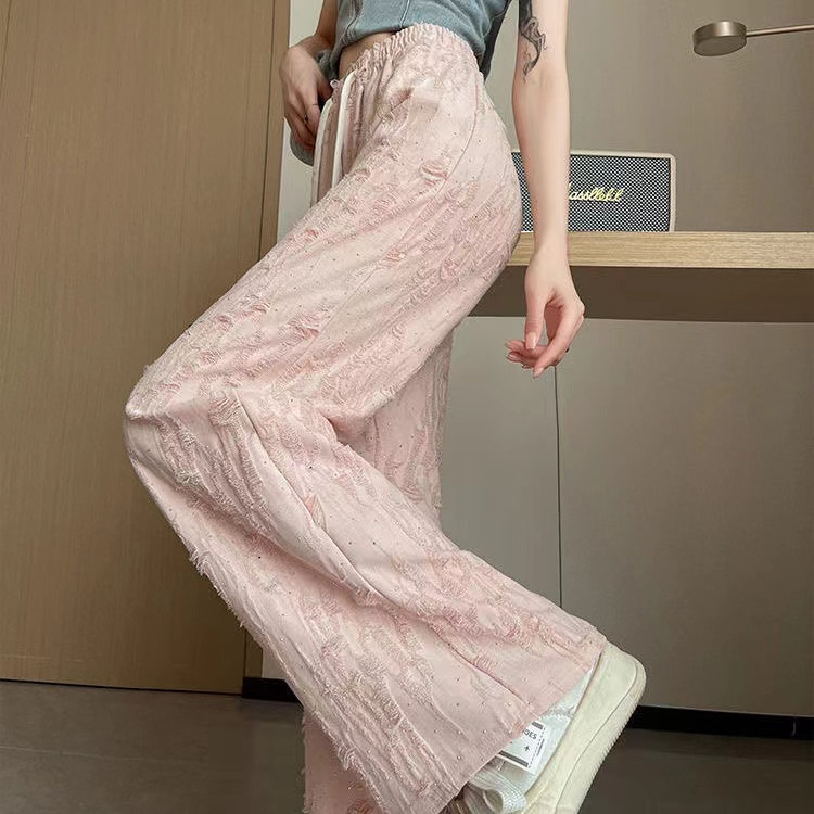 粉色破洞烫钻阔腿裤女夏季新款小个子抽绳高腰垂感休闲直筒长裤薄