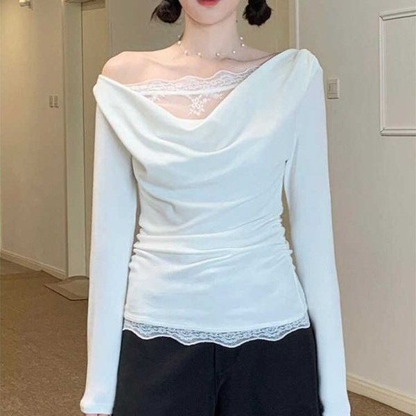 White lace off-shoulder long-sleeve bottoming T-shirt women's spring design pure oblique shoulder stitching small top