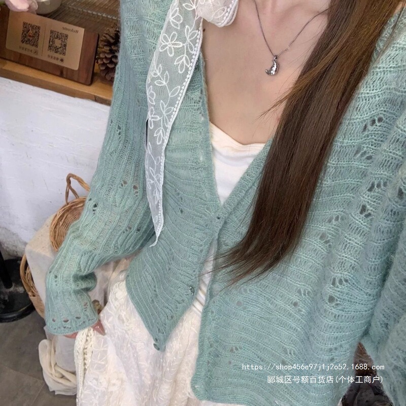 Green hollow-out lazy knit cardigan 2026 thin new sweater cover-up sun protection spring and summer outerwear top