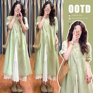 in stock Long Stacked Loose Long Shirt Dress Lace Skirt suit Drawstring