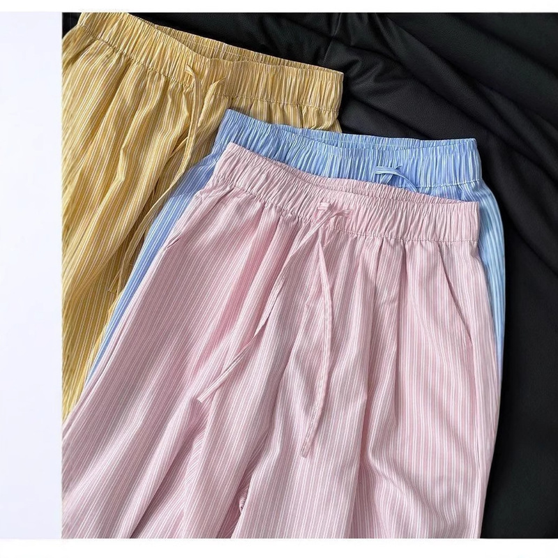 [Exclusively for Southeast Asia] Women's Blue Vertical Striped Wide-Leg Pants, Autumn Straight Loose Casual Floor-Length Pants