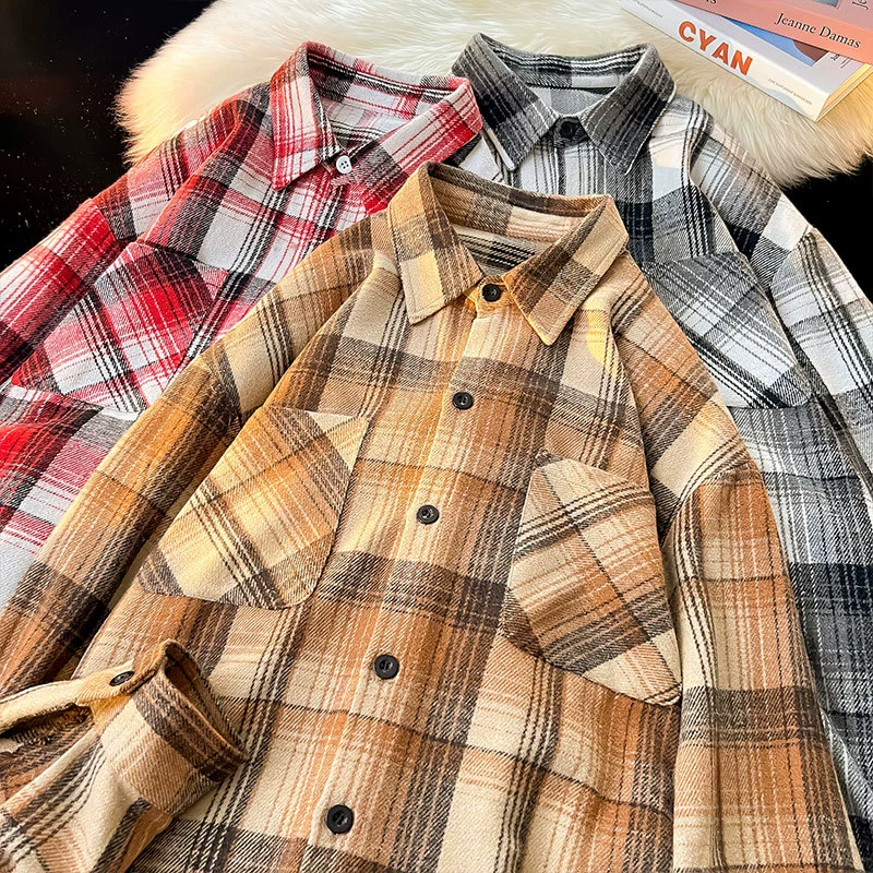 2024 осень и зима портовый стиль шлифовальные рубашки в клетку рубашки свободные мужские и женские рубашки дикие повседневные рубашки оптом