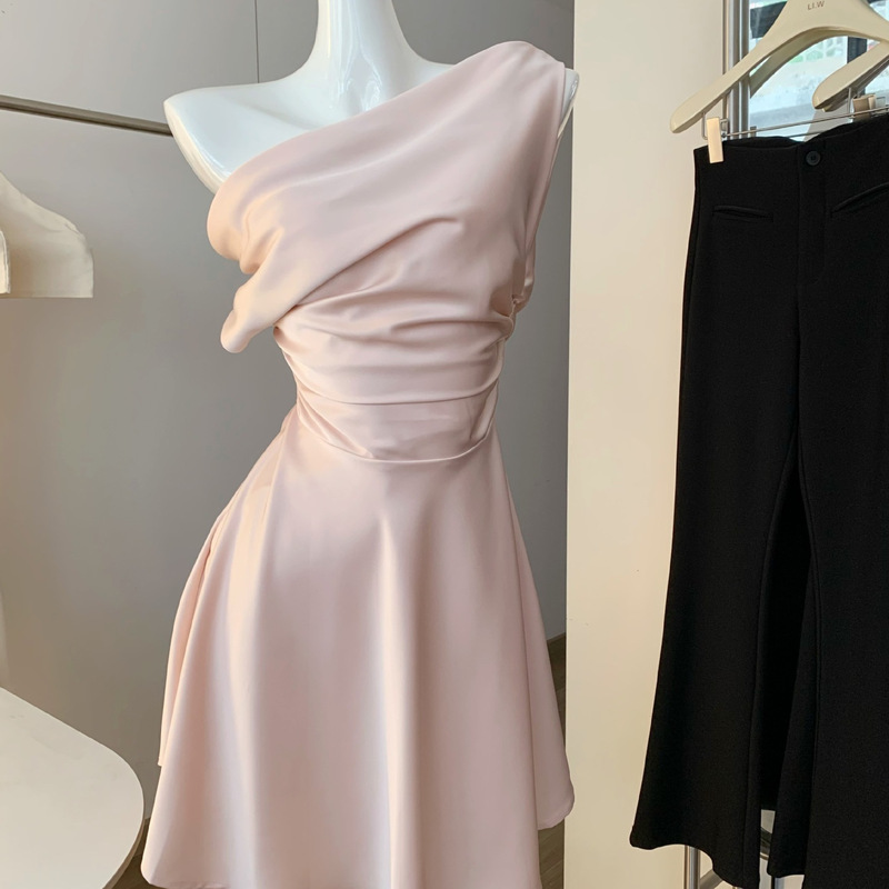 Pink Short Dress with One-Shoulder Satin French-Style Adult Ceremony Engagement Dress Elegant Dress Women's Summer Wear