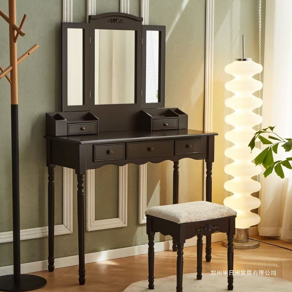 American Retro Dark Solid Wood Dressing Table with Mirror and Stool Bedroom Dressing Table Dressing Table Small Apartment Storage Integrated
