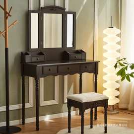 美式复古深色实木梳妆台带镜带凳卧室梳妆桌化妆台小户型收纳一体