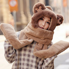 冬季小熊帽子围巾手套三件套护耳亲子加厚保暖米奇卡通可爱毛绒帽