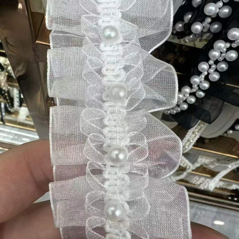 Bridal Wedding Dress Lolita-Style Embellishments with Pearl Lace Accessories, White Mesh Fabric, Three-Dimensional Lace, Ruched Beaded Ribbon Bridal Wedding Dress Lolita-Style Embellishments with Pearl Lace Accessories, White Mesh Fabric, Three-Dimensional Lace, Ruched Beaded Ribbon