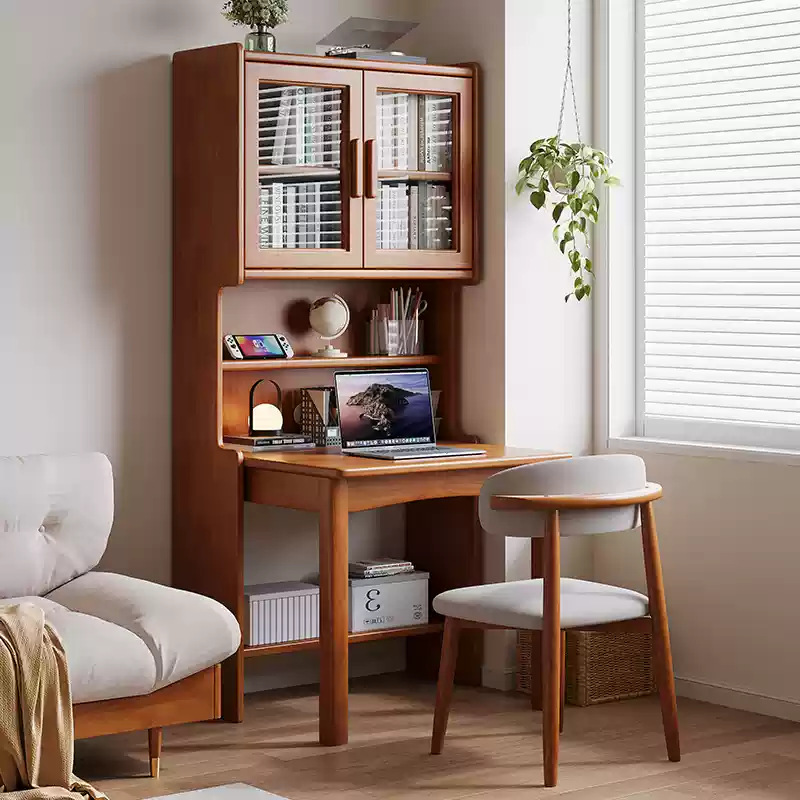 Solid Wood Folding Desk Bookshelf Integrated Table Home Study Table Small Apartment Bookcase Combination Office Computer Table