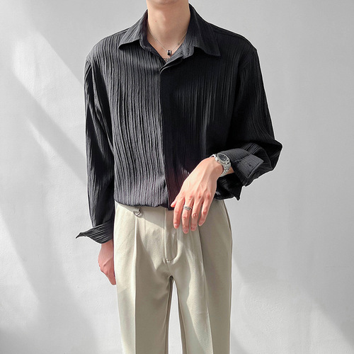 Light Mature-Style Korean-Design Loose-Fit Long-Sleeve Shirt for Men—Early Autumn Trendy, Instagram-Worthy, Cool & Casual, Wrinkle-Free Solid-Color Top