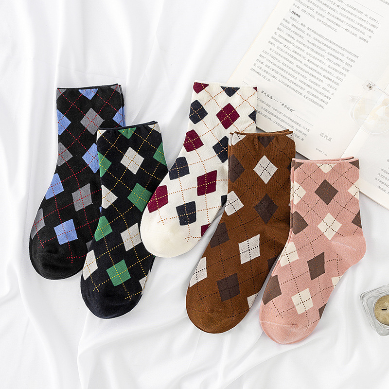 Mori Style Vintage Contrast Color Rhomboid Women's Socks Autumn and Winter New Coffee Japanese Style Sweet Plaid British Style Mid-Socks