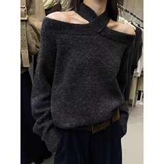 法式灰色挂脖一字领针织衫女秋冬季高级感软糯奶fufu宽松露肩上衣