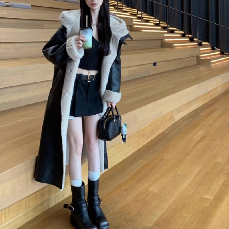 CHICYOU London street windproof cold-resistant faux mink fur warm fur integrated long hooded coat coat for women