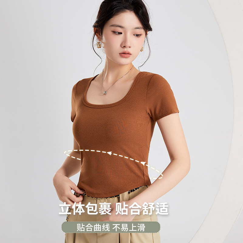 Built-in chest pad short sleeve T-shirt square neck built-in cup一体化 shaping swallow tail comfortable casual inner base layering top