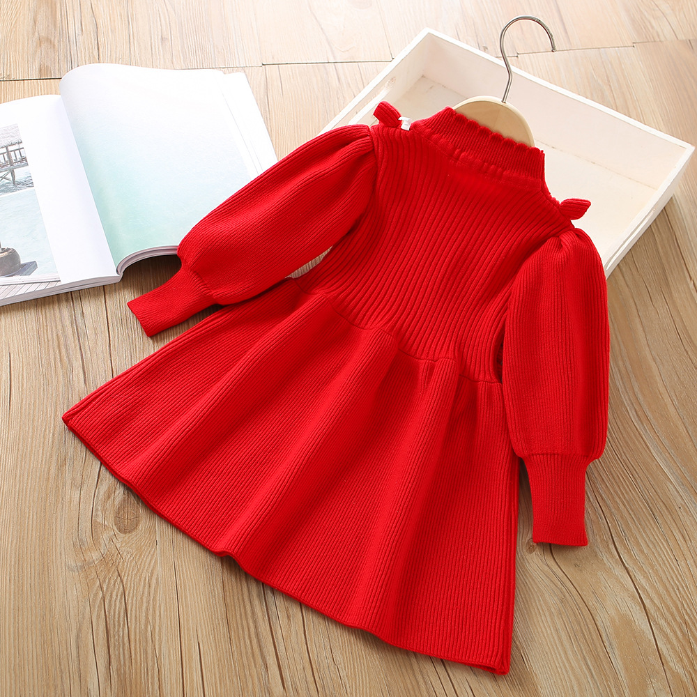 Girls Knitted Dress Autumn Winter Solid Colour Long Sleeve Style_voghion.com