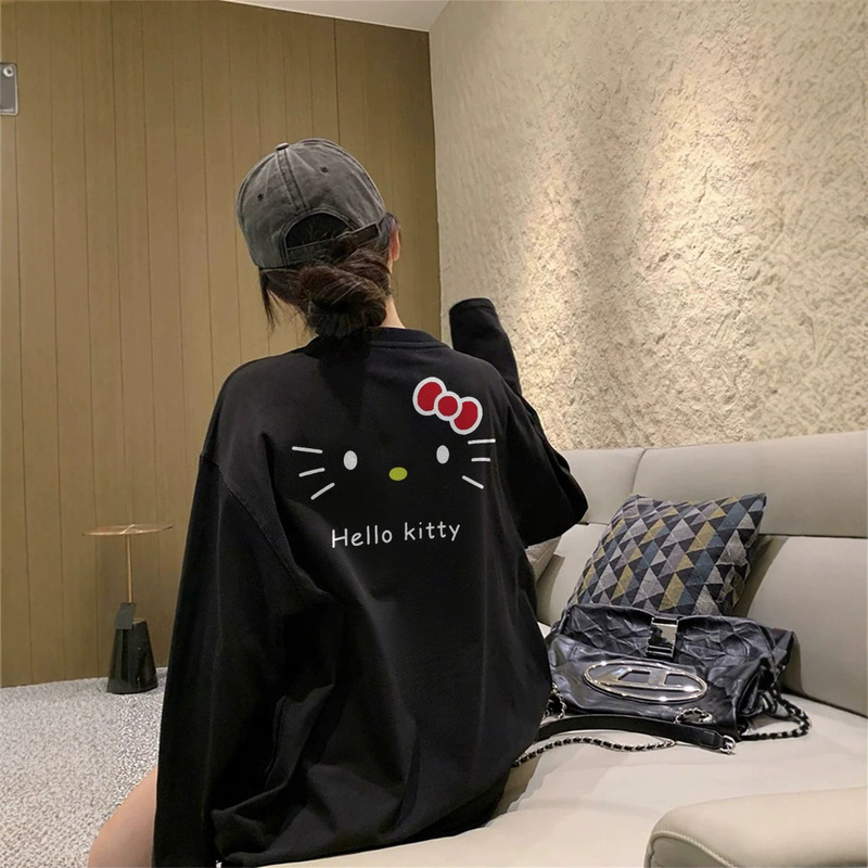 100% pure cotton 2026 early autumn long-sleeve women's t-shirt with Hello Kitty American design, loose-fitting base shirt