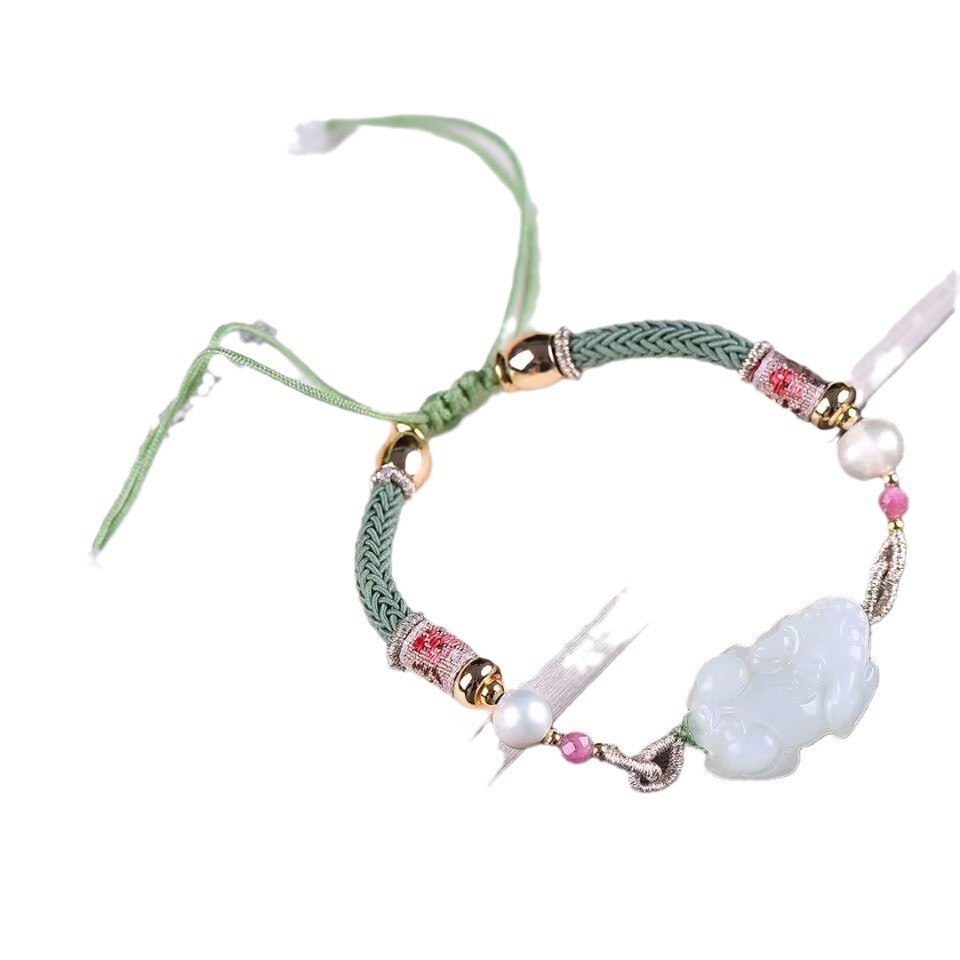 Organic ethnic woven bracelet white jade handmade
