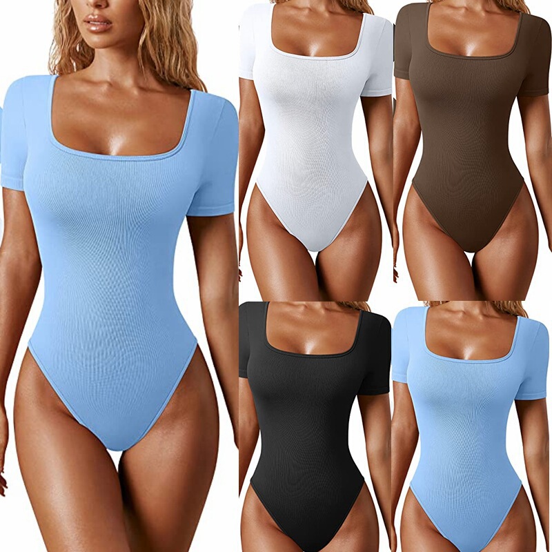 2023 cross-border European and American foreign trade women's clothing Amazon AliExpress summer new pit square collar short sleeve tight jumpsuit