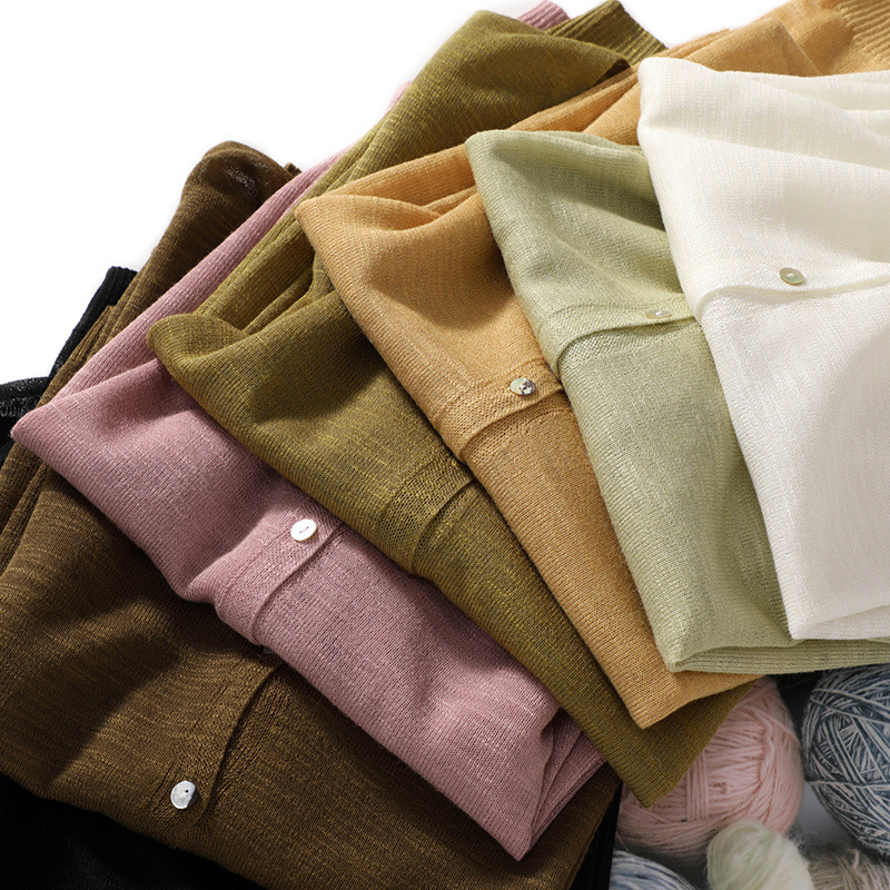 Summer Linen Knitted Cardigan Women's Coat V-Neck Thin Solid Color Small Coat Air-conditioning Shirt Women's Top Ramie Shirt