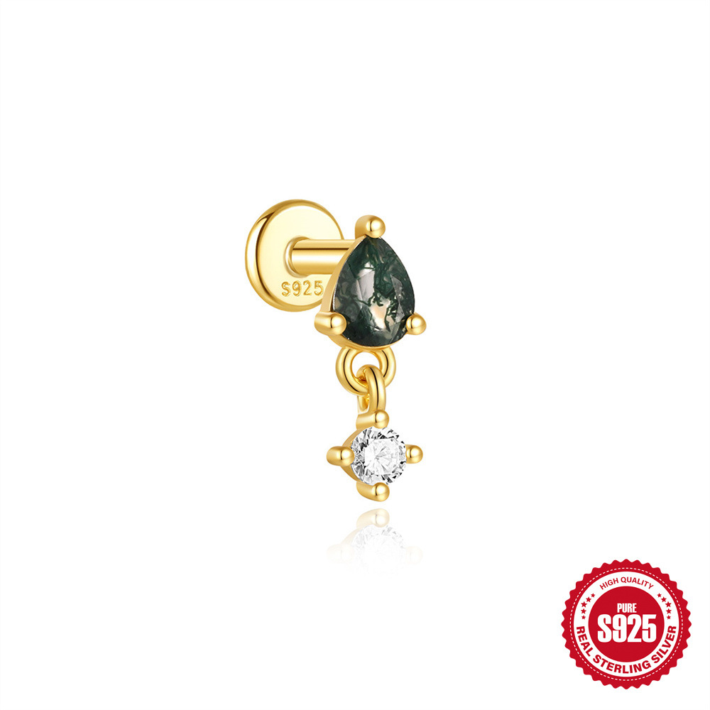 El nuevo s925 simple y moderno hierba de agua natural, uñas de hueso de oreja de ágata, personalidad de lujo ligera europea y americana, pendientes de piedra de musgo verde con incrustaciones