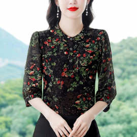 洋气减龄碎花圆领衬衫上衣女夏装新款时尚七分袖妈妈宽松显瘦小衫