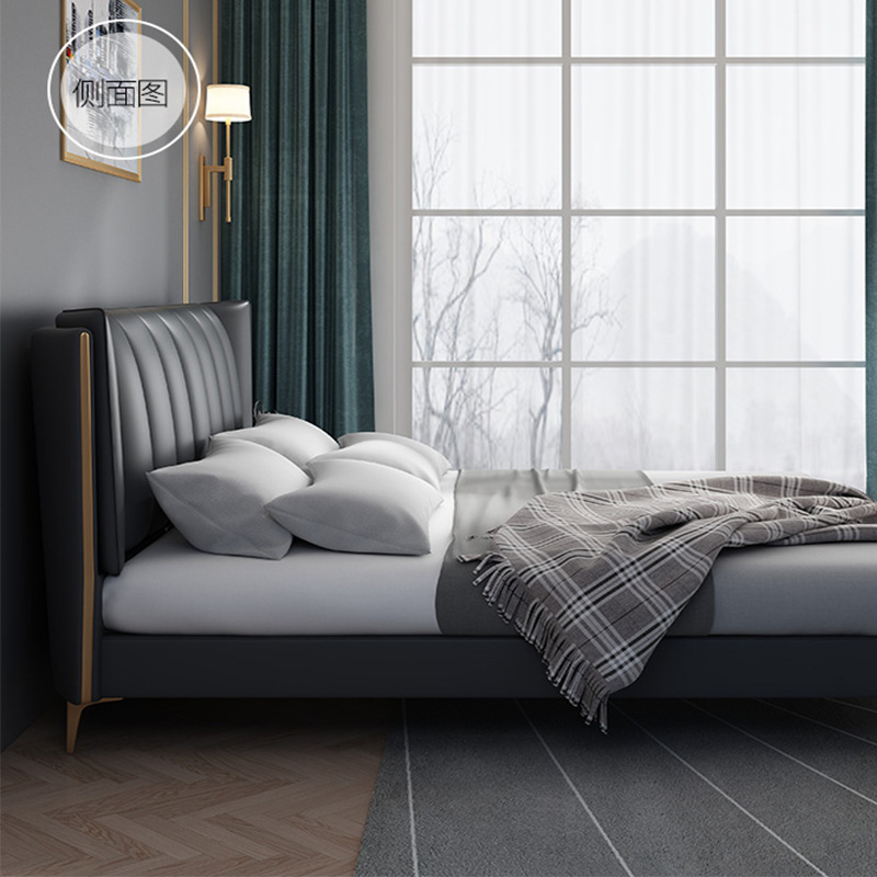 Italiano de lujo ligero cama de cuero genuino moderno minimalista dormitorio principal 1,8 m cama doble cama de boda borde de la cama de cuero venta directa de fábrica