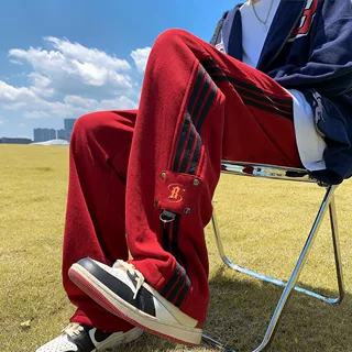 美式hiphop裤子ins高街潮红色三杠条纹运动裤男垂感直筒休闲卫裤