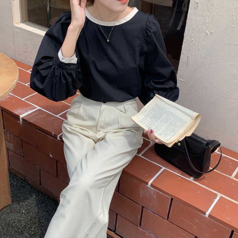 小众春装新款长袖衬衫女2025感设计灯笼袖上衣韩版气质衬衣宽松|undefined