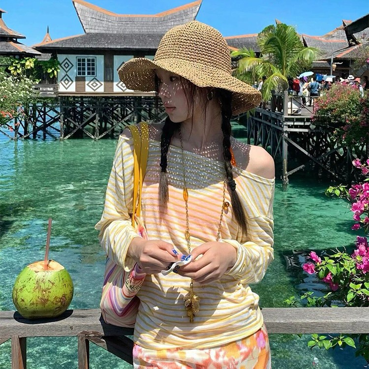 Women's Two-Piece Swimsuit with Skirt, Striped Orange Long-Sleeve Cover-Up, Tummy-Concealing Slimming Bikini Set, Perfect for Vacation