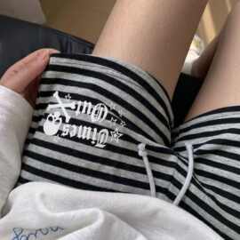 美式复古风骷髅黑灰条纹印花睡裤女夏季款舒适百搭家居短裤可外穿