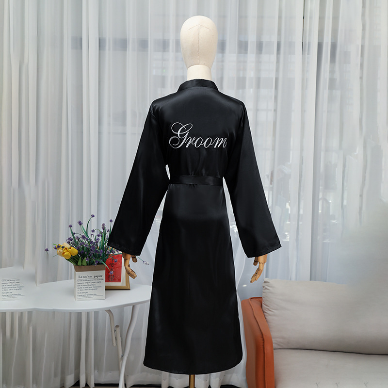 Cross-Border Men's groomsman morning gown spring and summer long embroidered silk cardigan nightgown sexy homewear