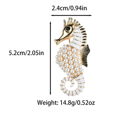 Diamond-Encrusted Pearl Seahorse Brooch, Classic and Fashionable Suit Lapel Pin, Cross-Border Marine Life Accessory, Anti-Exposure (Yaxa sancaqları) - white-oil-dripping-pearl-seahorse-brooch
