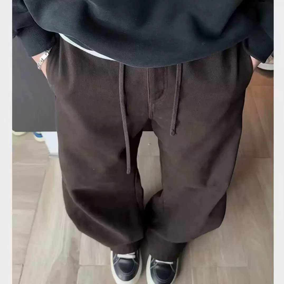 2025秋冬新款时尚百搭弯刀加绒休闲裤美式潮流纯色设计宽松长裤男