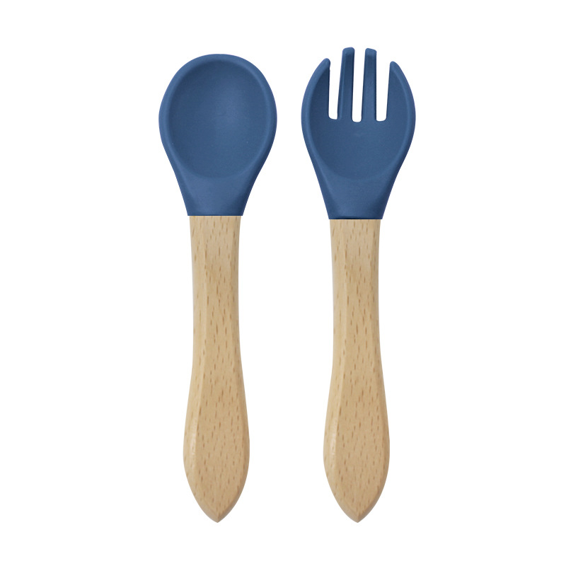 Bebé mango de madera tenedor cuchara traje de alimentación de los niños de madera mango tenedor cuchara conjunto cuchara de silicona tenedor bebé alimento suplemento tenedor cuchara traje image 11