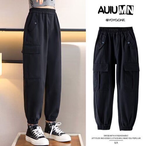 Girls 'overalls autumn and winter velvet sweatpants with leg straps for girls' middle and older children's straight loose casual pants